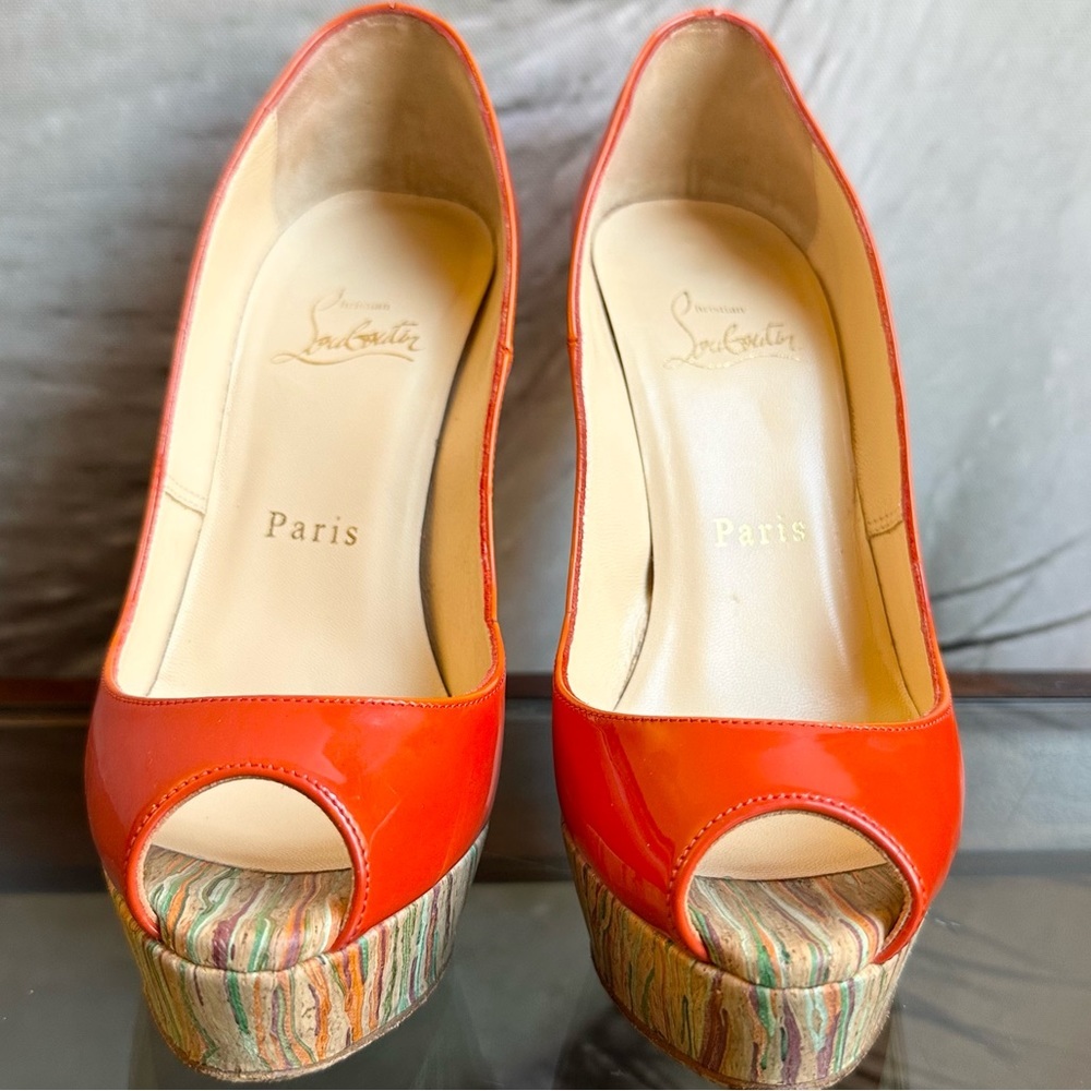 🌺CHRISTIAN LOUBOUTIN 👠 Banane 140 Patent Cork Trinidad Pumps size 35.5 - Picture 6 of 17
